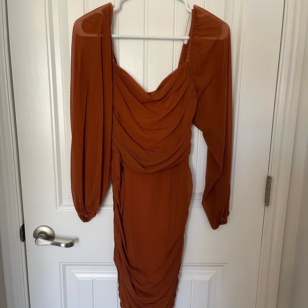 Brown Ruched Cocktail Dress - Picture 2 of 7